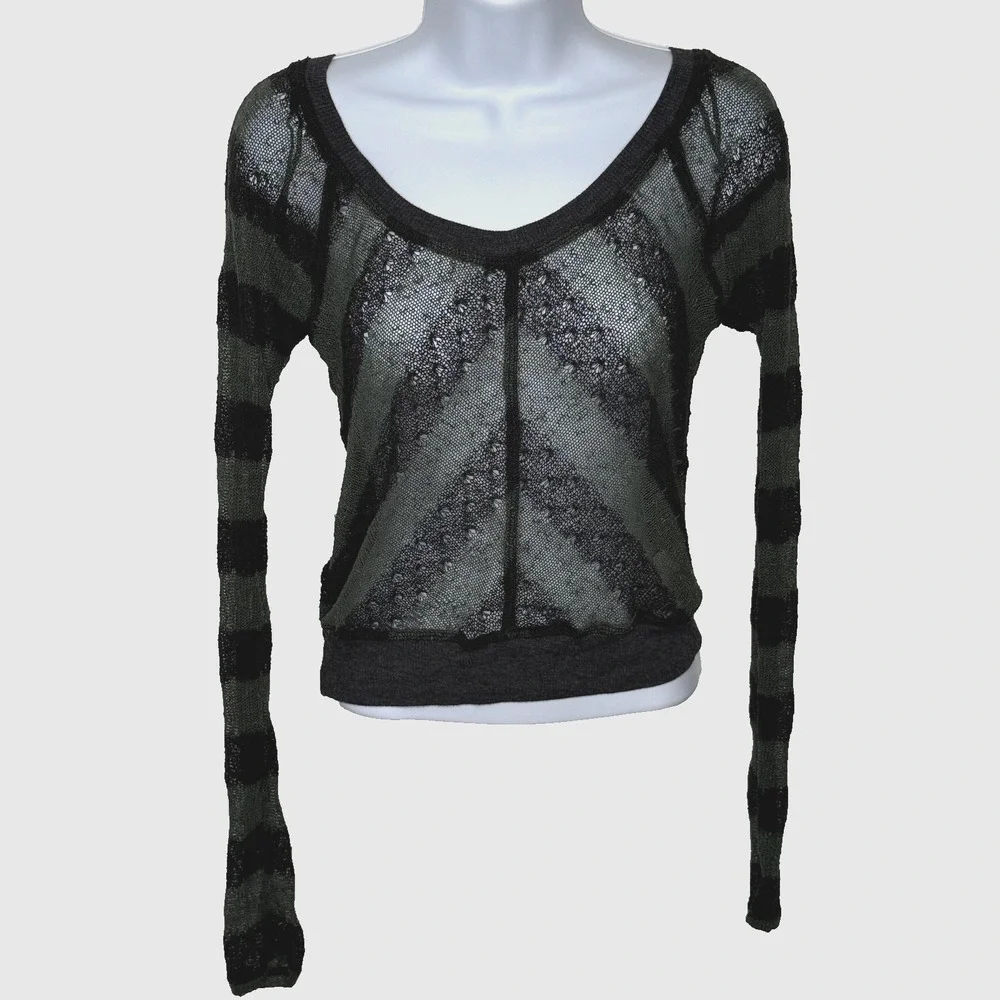 Free People We The Free Sweater Womens Sz XS Black Chevron Stripe Sheer Stretch